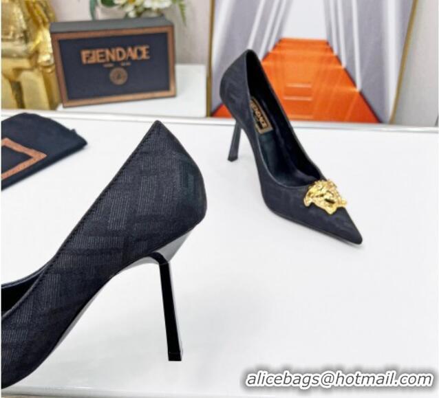 Stylish Versace x Fendi Fendace FF Fabric Pumps 11cm 062165 Black