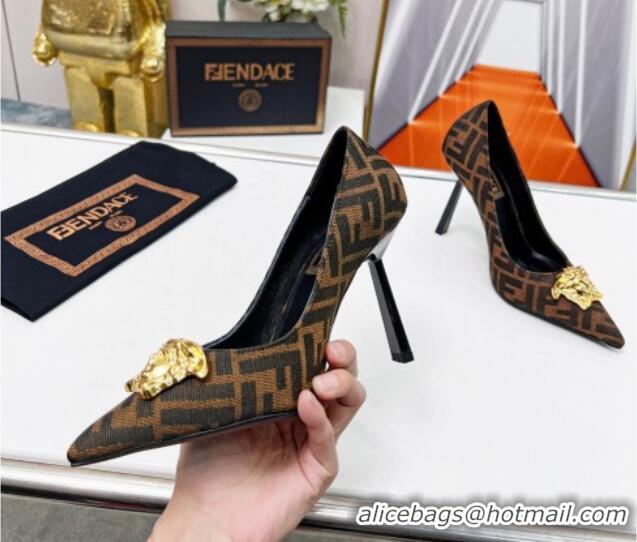 Luxury Versace x Fendi Fendace FF Fabric Pumps 11cm 062165 Brown