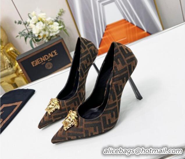 Luxury Versace x Fendi Fendace FF Fabric Pumps 11cm 062165 Brown