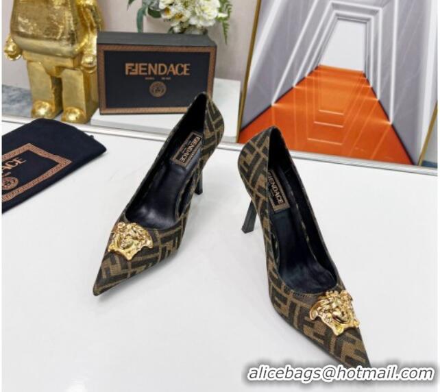 Duplicate Versace x Fendi Fendace FF Fabric Pumps 11cm 062165 Coffee Brown