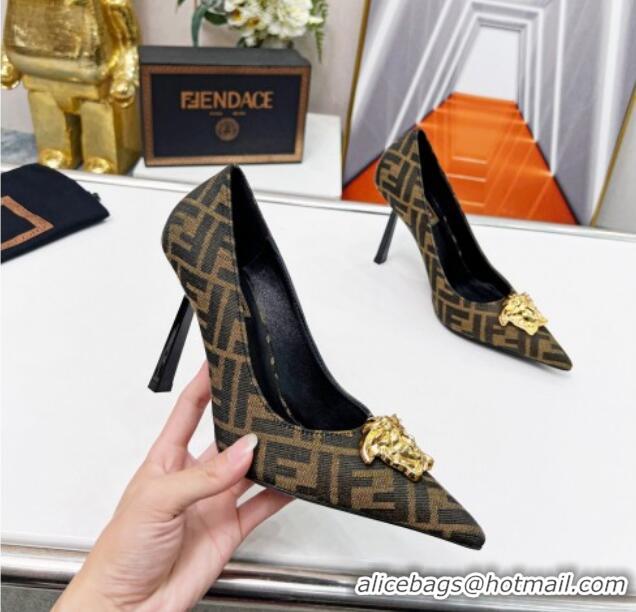 Duplicate Versace x Fendi Fendace FF Fabric Pumps 11cm 062165 Coffee Brown