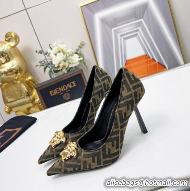 Duplicate Versace x Fendi Fendace FF Fabric Pumps 11cm 062165 Coffee Brown