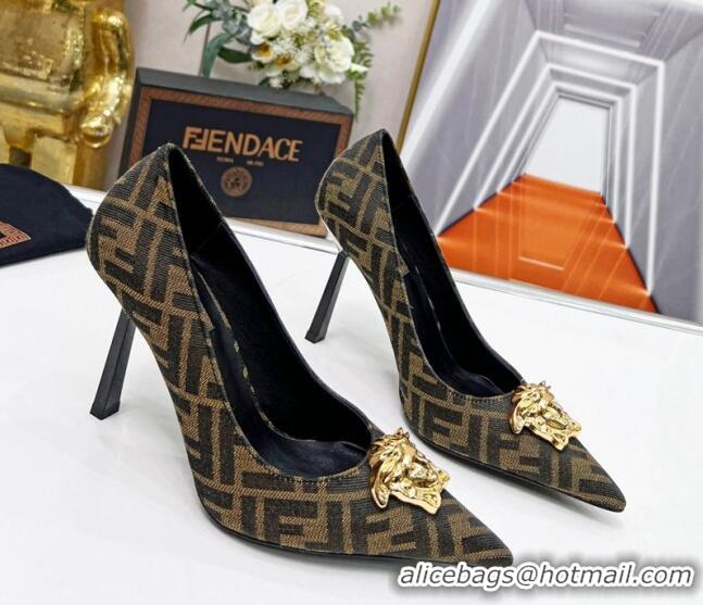 Duplicate Versace x Fendi Fendace FF Fabric Pumps 11cm 062165 Coffee Brown