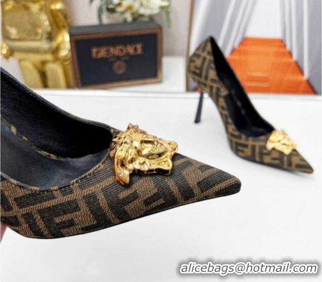 Duplicate Versace x Fendi Fendace FF Fabric Pumps 11cm 062165 Coffee Brown