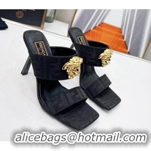 Good Quality Versace x Fendi Fendace FF Fabric Slide Sandals 11cm Black 062172