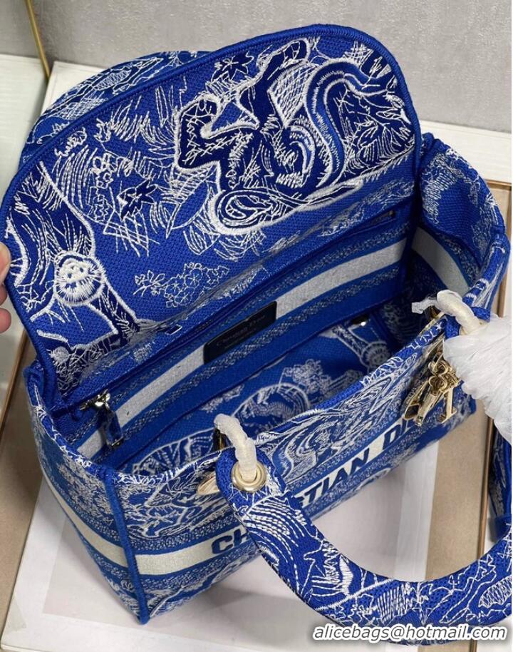 Top Quality MEDIUM LADY D-LITE BAG Fluorescent Blue Toile de Jouy Reverse Embroidery M0565OROC