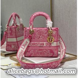 Good Product MEDIUM LADY D-LITE BAG Fluorescent Pink Toile de Jouy Reverse Embroidery M0565OROC