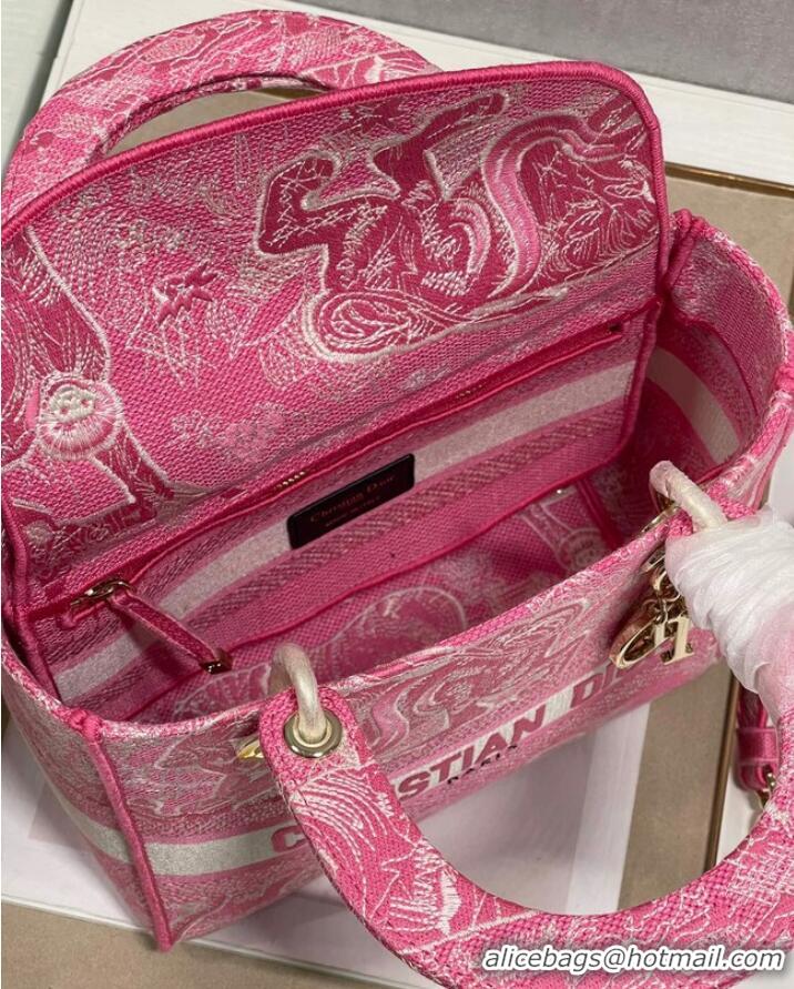 Good Product MEDIUM LADY D-LITE BAG Fluorescent Pink Toile de Jouy Reverse Embroidery M0565OROC