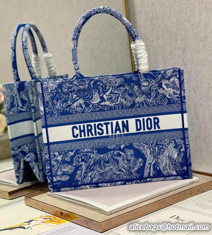 Super Quality MEDIUM DIOR BOOK TOTE Fluorescent Blue Toile de Jouy Reverse Embroidery M1296ZROC