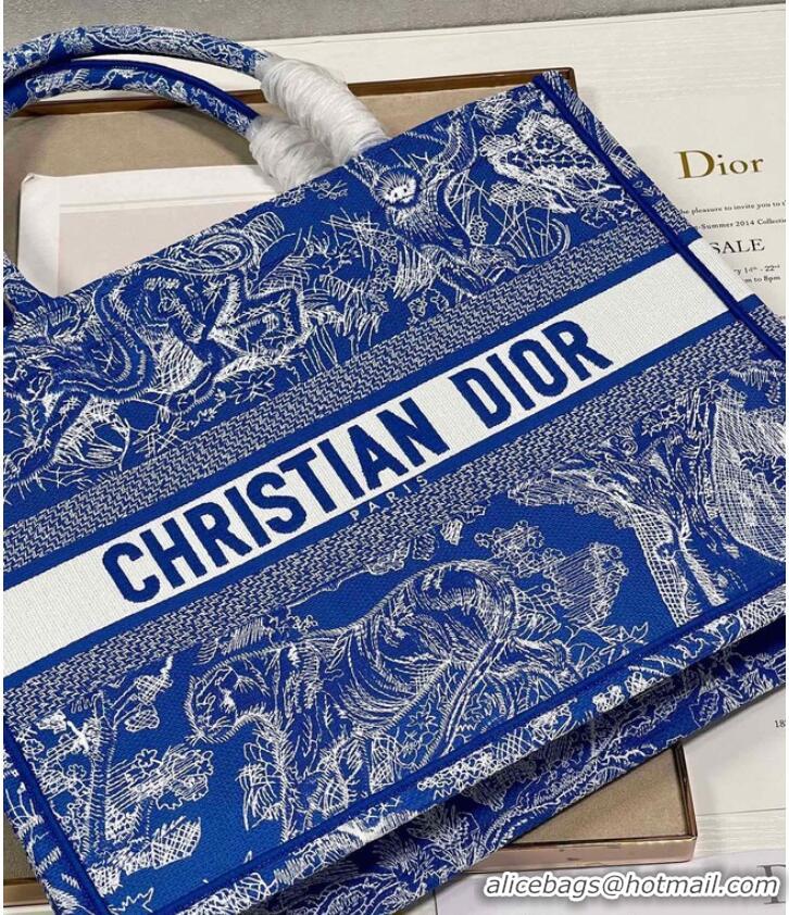 Super Quality MEDIUM DIOR BOOK TOTE Fluorescent Blue Toile de Jouy Reverse Embroidery M1296ZROC