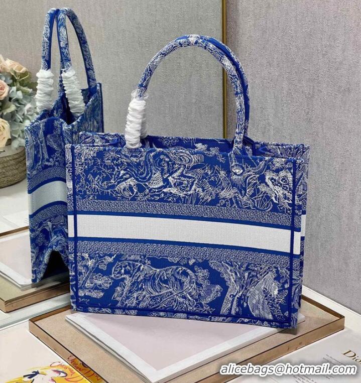 Super Quality MEDIUM DIOR BOOK TOTE Fluorescent Blue Toile de Jouy Reverse Embroidery M1296ZROC