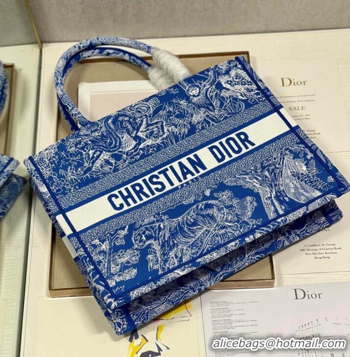 Super Quality MEDIUM DIOR BOOK TOTE Fluorescent Blue Toile de Jouy Reverse Embroidery M1296ZROC