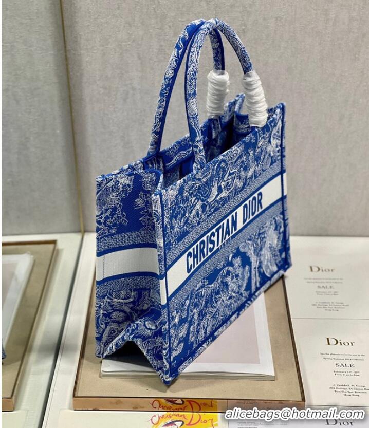 Super Quality MEDIUM DIOR BOOK TOTE Fluorescent Blue Toile de Jouy Reverse Embroidery M1296ZROC