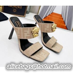 Good Quality Versace x Fendi Fendace FF Fabric Slide Sandals 11cm Beige 062177