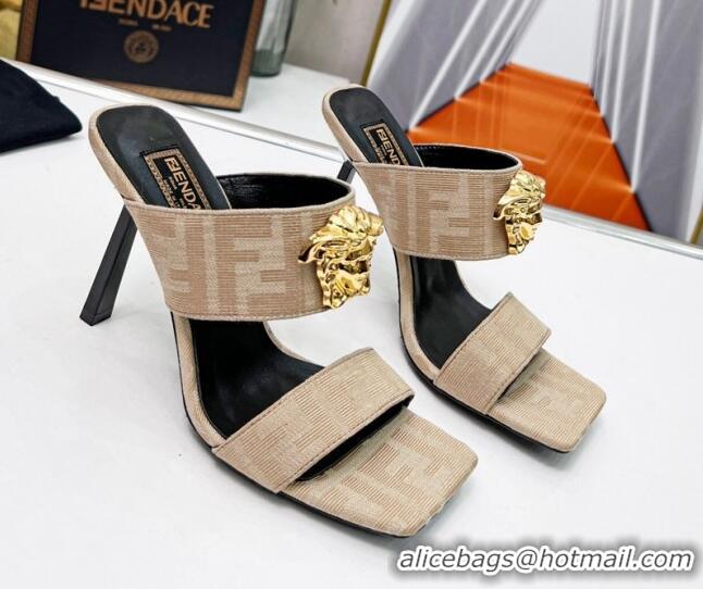 Good Quality Versace x Fendi Fendace FF Fabric Slide Sandals 11cm Beige 062177