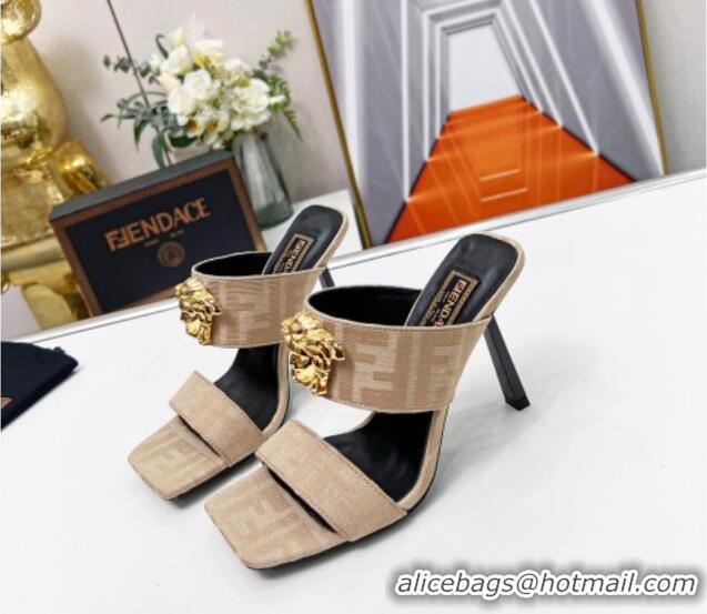 Good Quality Versace x Fendi Fendace FF Fabric Slide Sandals 11cm Beige 062177