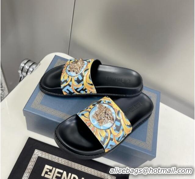 Low Price Versace x Fendi Fendace Flat Slide Sandals Blue 062179