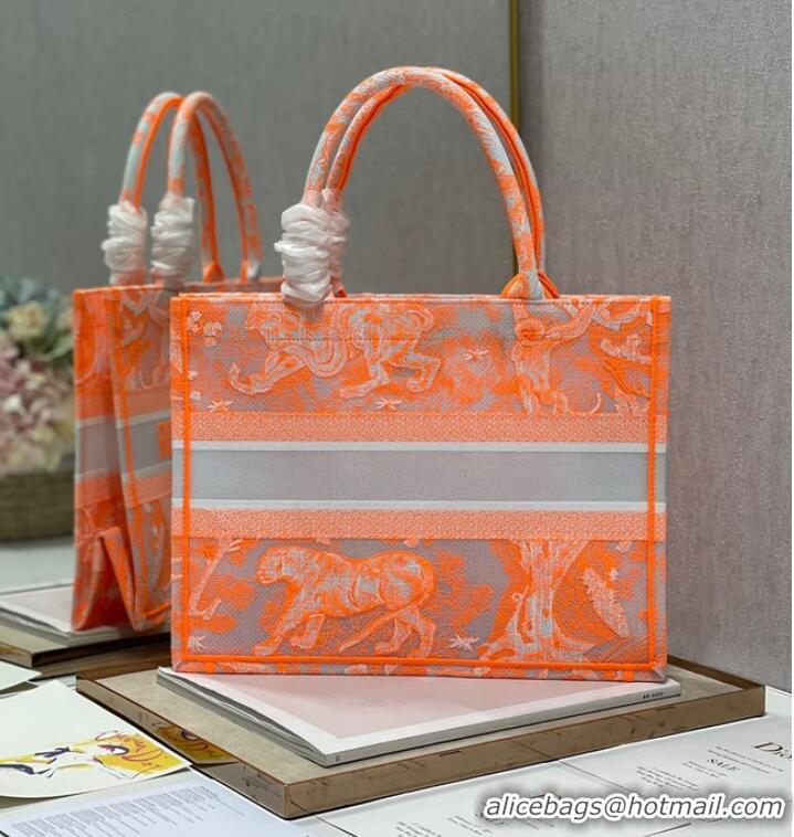 Buy Inexpensive MEDIUM DIOR BOOK TOTE Fluorescent Orange Toile de Jouy Transparent Canvas M1296ZRVJ