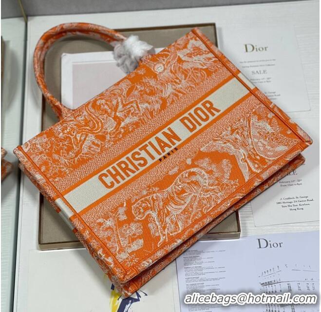 Shop Grade MEDIUM DIOR BOOK TOTE Fluorescent Orange Toile de Jouy Reverse Embroidery M1296ZROC