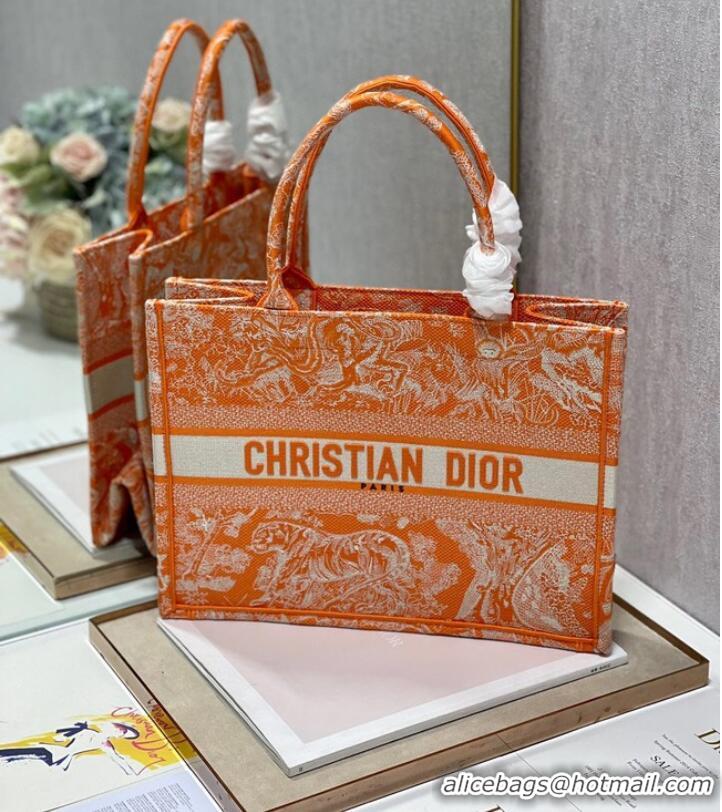 Shop Grade MEDIUM DIOR BOOK TOTE Fluorescent Orange Toile de Jouy Reverse Embroidery M1296ZROC