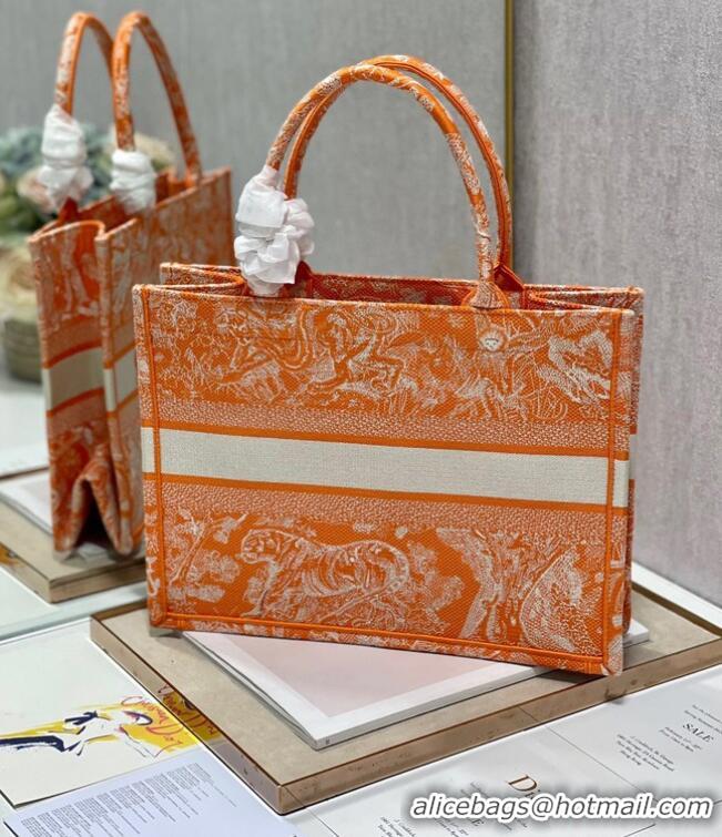 Shop Grade MEDIUM DIOR BOOK TOTE Fluorescent Orange Toile de Jouy Reverse Embroidery M1296ZROC