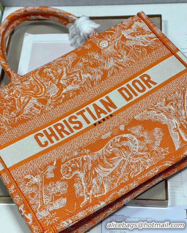 Shop Grade MEDIUM DIOR BOOK TOTE Fluorescent Orange Toile de Jouy Reverse Embroidery M1296ZROC