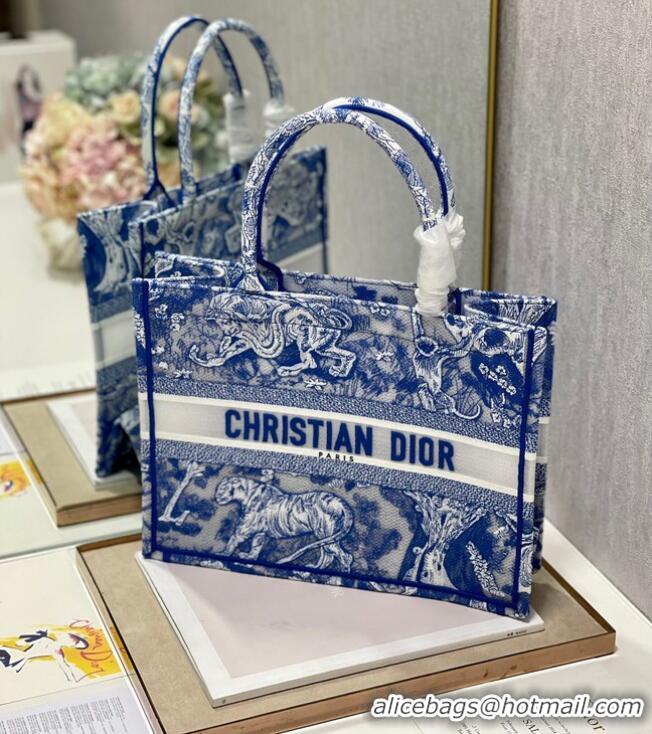 Promotional MEDIUM DIOR BOOK TOTE Fluorescent Blue Toile de Jouy Reverse Embroidery M1296ZROC