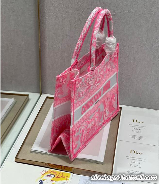 Good Product MEDIUM DIOR BOOK TOTE Fluorescent Pink Toile de Jouy Reverse Embroidery M1296ZROC