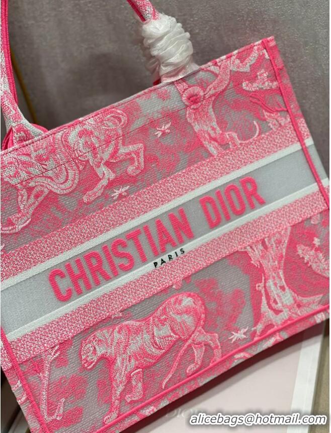 Good Product MEDIUM DIOR BOOK TOTE Fluorescent Pink Toile de Jouy Reverse Embroidery M1296ZROC