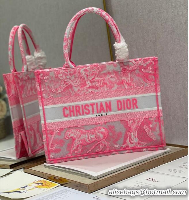 Good Product MEDIUM DIOR BOOK TOTE Fluorescent Pink Toile de Jouy Reverse Embroidery M1296ZROC