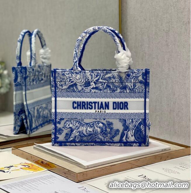 Famous Brand SMALL DIOR BOOK TOTE Blue Toile de Jouy Reverse Embroidery M1265ZRGO