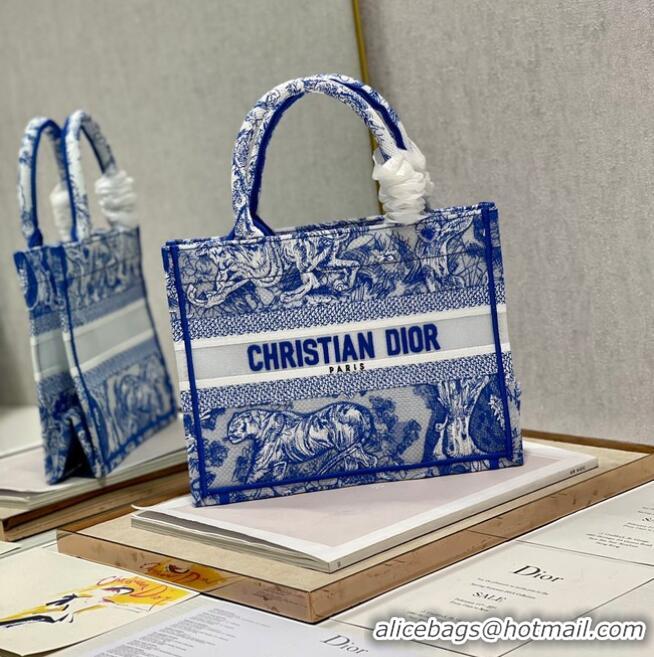 Famous Brand SMALL DIOR BOOK TOTE Blue Toile de Jouy Reverse Embroidery M1265ZRGO