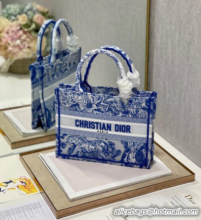 Famous Brand SMALL DIOR BOOK TOTE Blue Toile de Jouy Reverse Embroidery M1265ZRGO