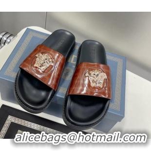 Discount Versace x Fendi Fendace Flat Slide Sandals Brown 062184