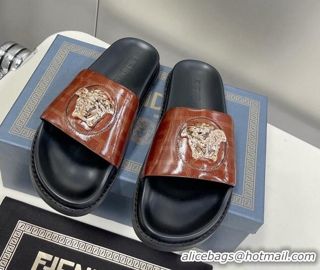 Discount Versace x Fendi Fendace Flat Slide Sandals Brown 062184