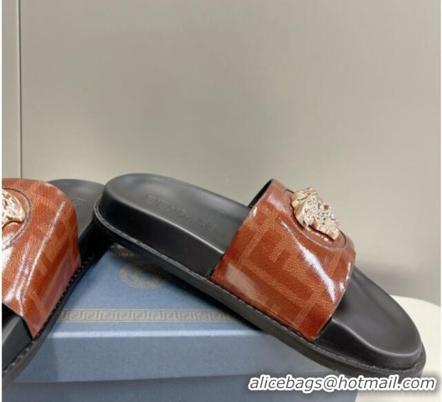 Discount Versace x Fendi Fendace Flat Slide Sandals Brown 062184