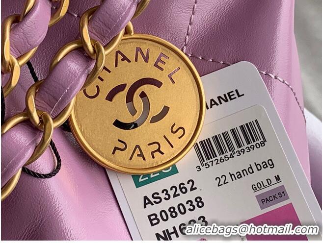 Modern Classic CHANEL 22 HANDBAG Shiny Calfskin & Gold-Tone Metal AS3262 Purple