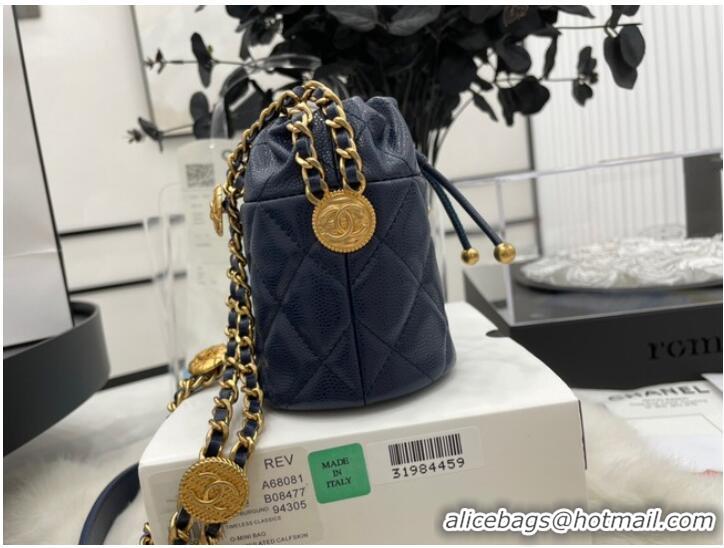 New Style Chanel Drawstring Bag & Gold Metal A68081 dark blue