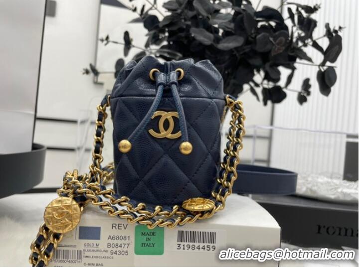 New Style Chanel Drawstring Bag & Gold Metal A68081 dark blue