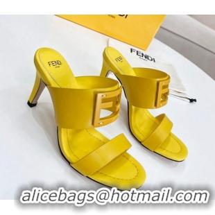 Low Cost Fendi Calfskin Signature High Heel Slide Sandals Yellow 062193