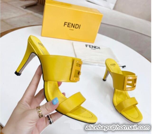 Low Cost Fendi Calfskin Signature High Heel Slide Sandals Yellow 062193