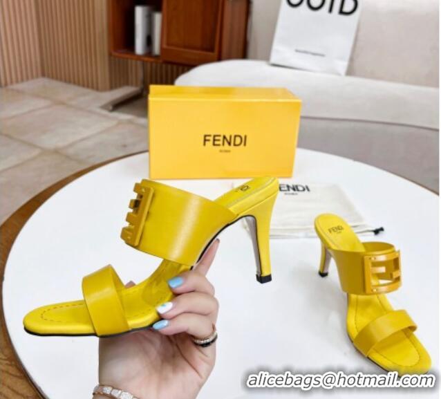 Low Cost Fendi Calfskin Signature High Heel Slide Sandals Yellow 062193