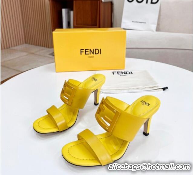 Low Cost Fendi Calfskin Signature High Heel Slide Sandals Yellow 062193