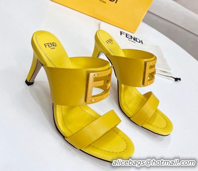 Low Cost Fendi Calfskin Signature High Heel Slide Sandals Yellow 062193