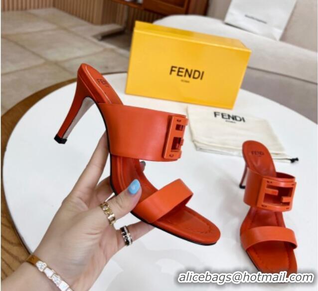 Popular Style Fendi Calfskin Signature High Heel Slide Sandals Orange 062194