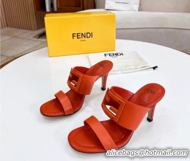 Popular Style Fendi Calfskin Signature High Heel Slide Sandals Orange 062194