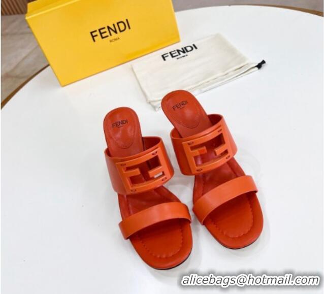 Popular Style Fendi Calfskin Signature High Heel Slide Sandals Orange 062194