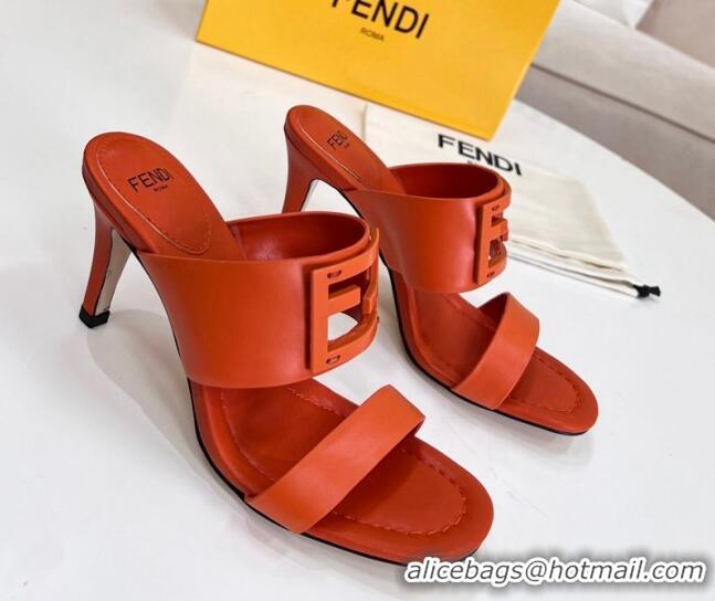 Popular Style Fendi Calfskin Signature High Heel Slide Sandals Orange 062194