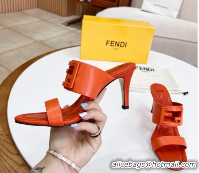 Popular Style Fendi Calfskin Signature High Heel Slide Sandals Orange 062194