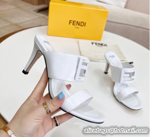 Lower Price Fendi Calfskin Signature High Heel Slide Sandals White 062195